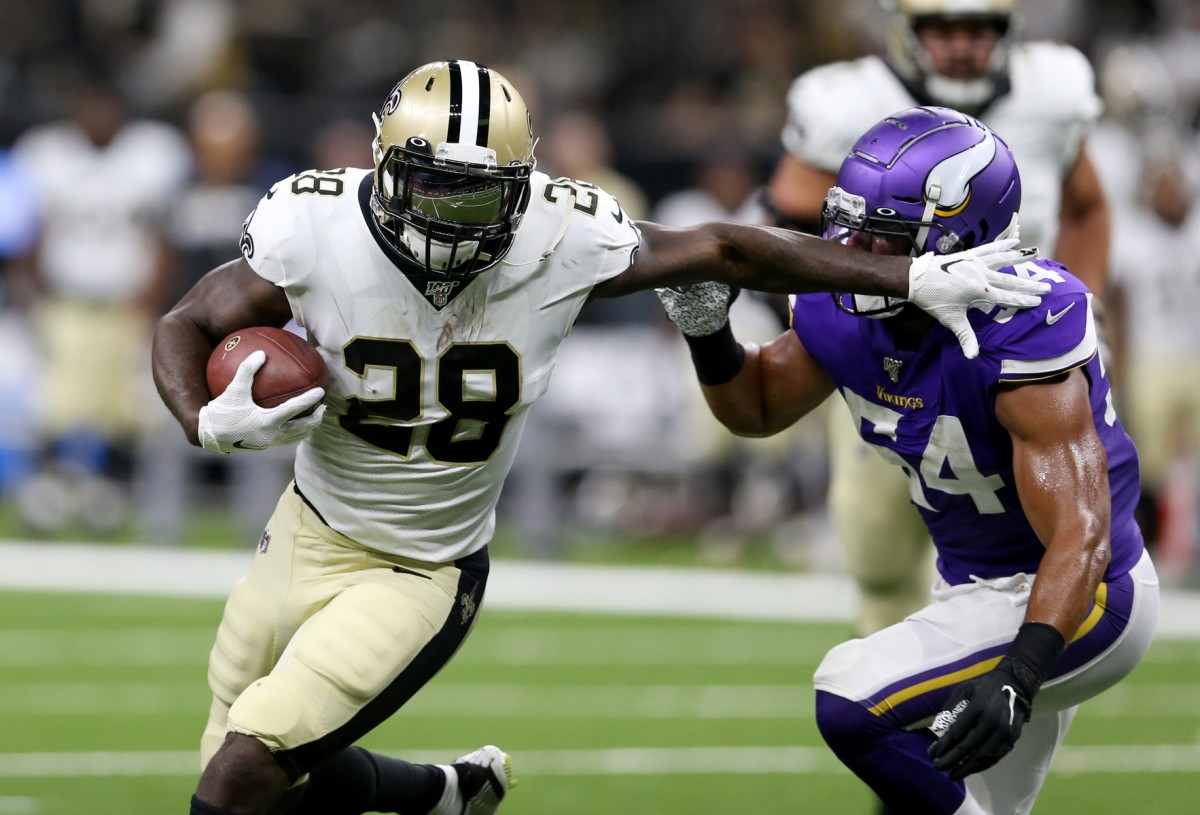 Aug 9, 2019; New Orleans Saints running back Latavius Murray (28) runs from Minnesota Vikings linebacker Eric Kendricks (54). Mandatory Credit: Chuck Cook-USA TODAY Sports